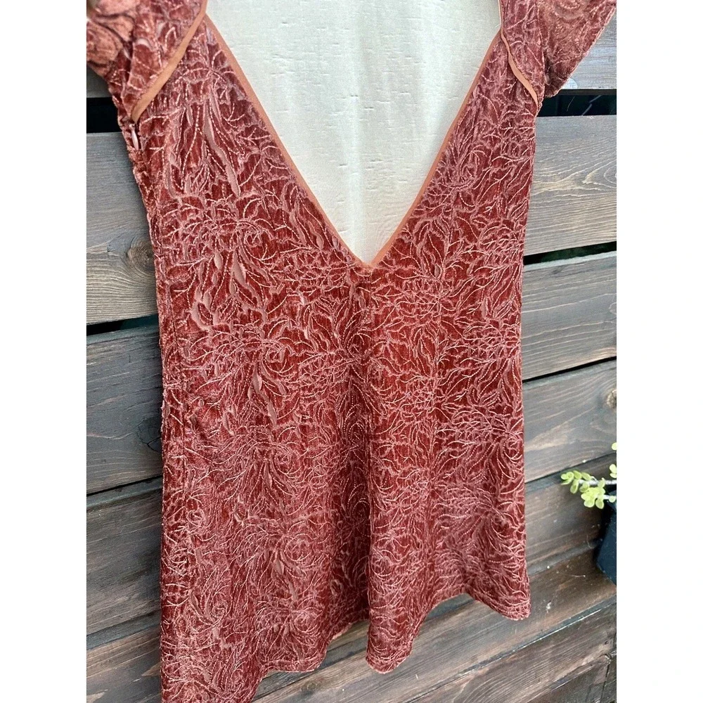 We The Free People Rust Orange Velour Open Back Mini Lace Dress Sz 2/XS Puff Slv